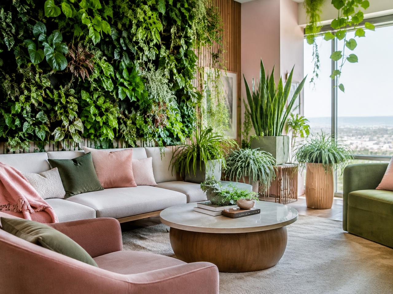 Biophilic living room with a green living wall and air-purifying plants